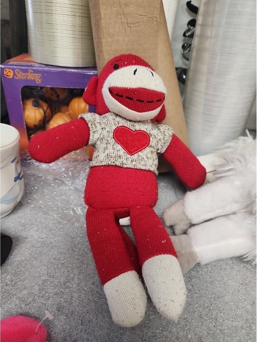 Sock Monkey Plush Red With Heart on Gray Sweater Shirt 10"